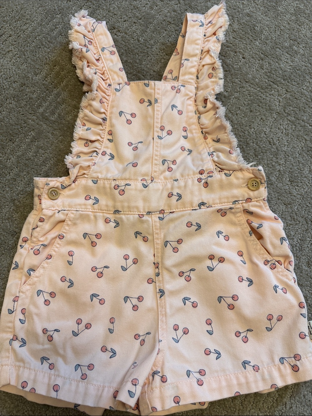 Girls Peach Cherry Print Ruffle Romper Shorts